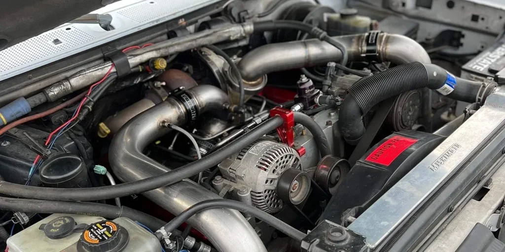 A close up of the engine of a car